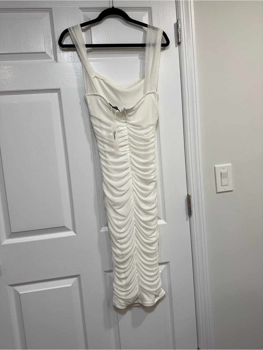 Elegant Ivory Ruched Midi Dress with Sheer Straps (off the shoulder) - Picture 3 of 4